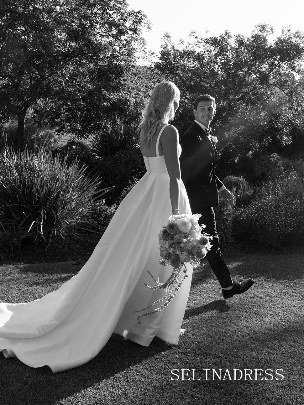 A-line Square Neck Satin White Thigh Split Wedding Dresses CBA001|Selinadress