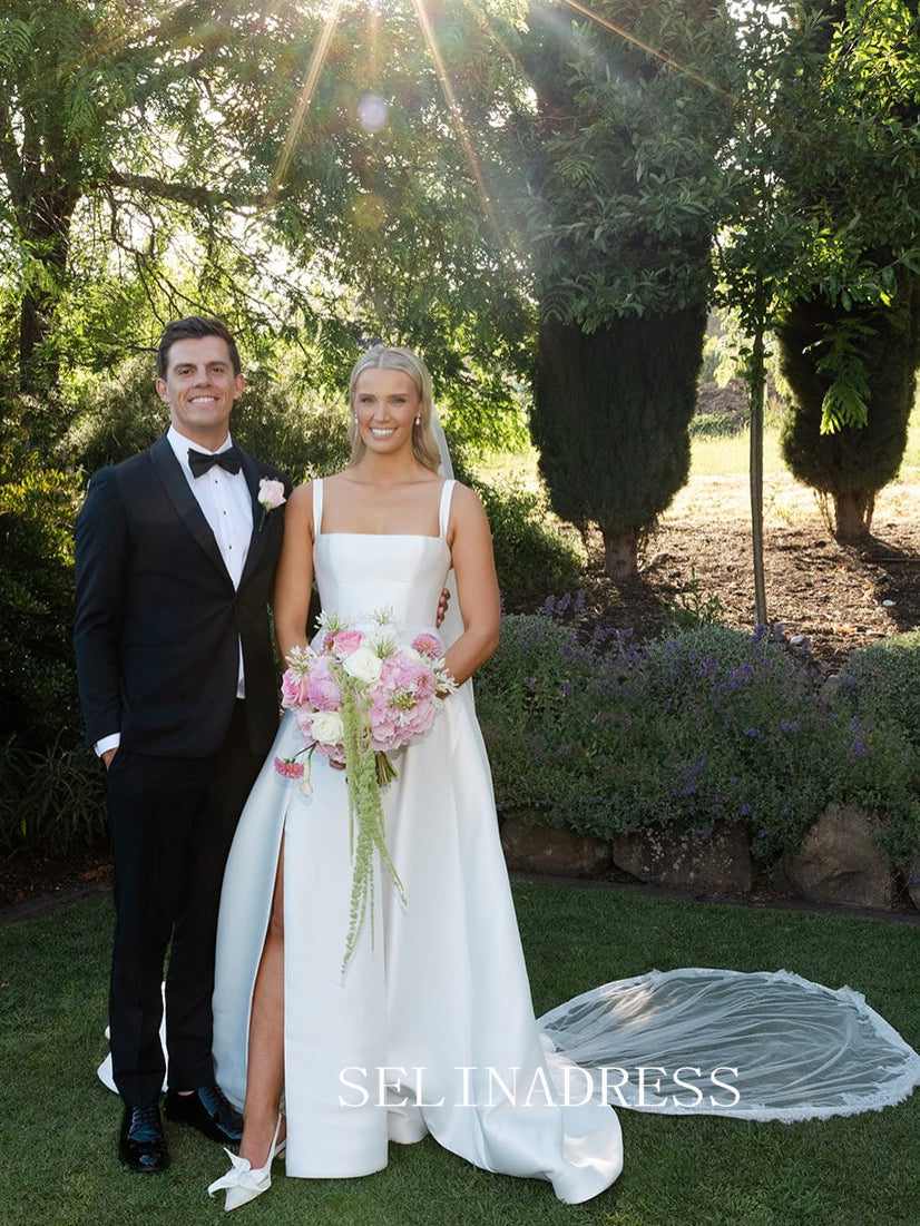 A-line Square Neck Satin White Thigh Split Wedding Dresses CBA001|Selinadress