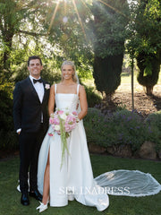 A-line Square Neck Satin White Thigh Split Wedding Dresses CBA001|Selinadress