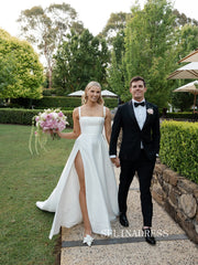 A-line Square Neck Satin White Thigh Split Wedding Dresses CBA001|Selinadress