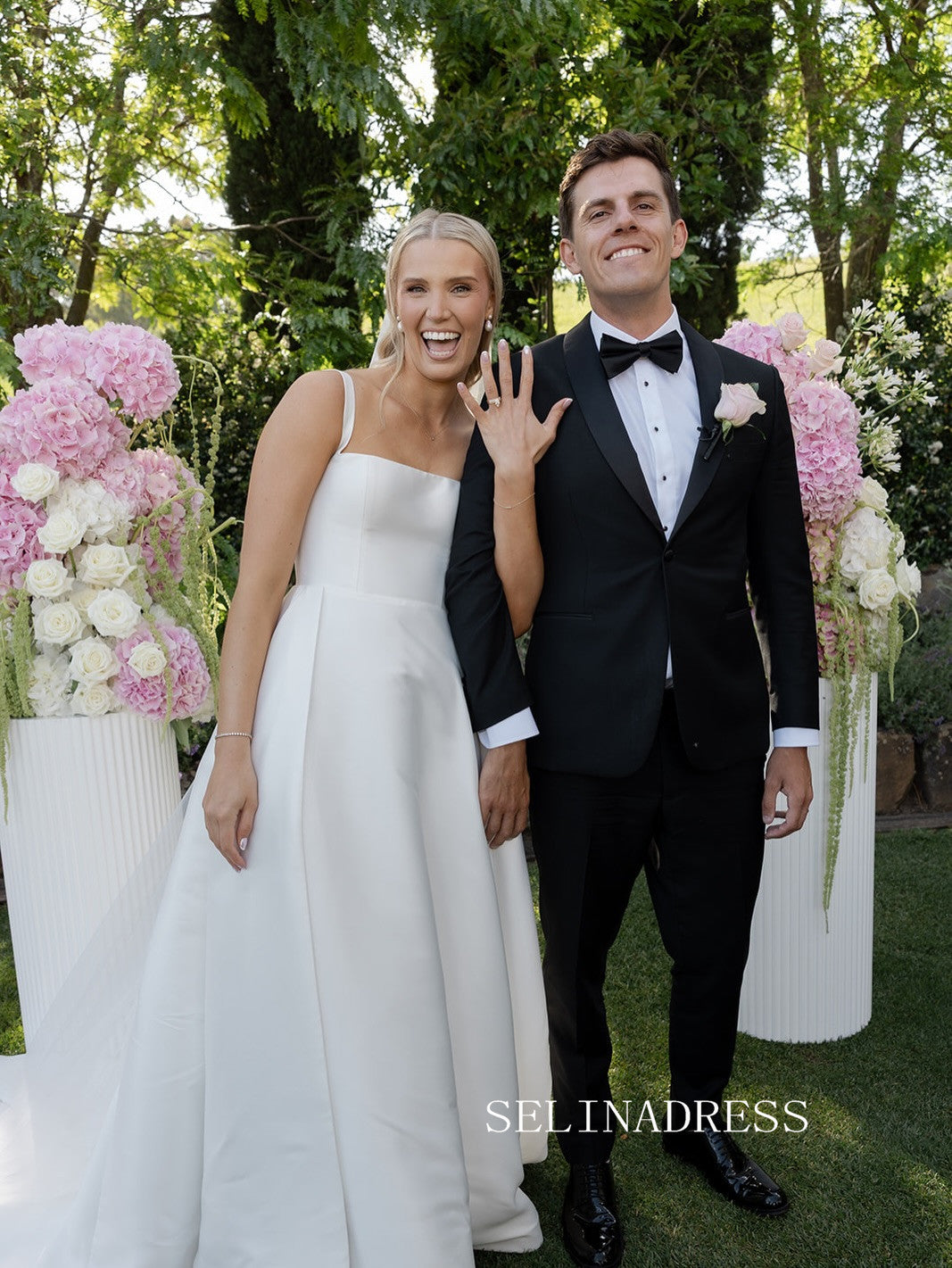 A-line Square Neck Satin White Thigh Split Wedding Dresses CBA001|Selinadress