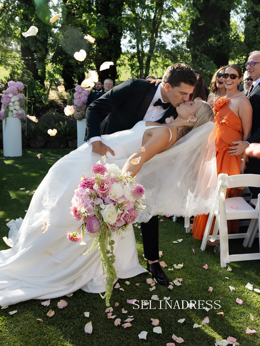 A-line Square Neck Satin White Thigh Split Wedding Dresses CBA001|Selinadress