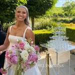 A-line Square Neck Satin White Thigh Split Wedding Dresses CBA001|Selinadress