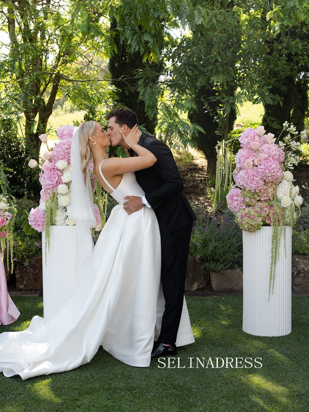 A-line Square Neck Satin White Thigh Split Wedding Dresses CBA001|Selinadress