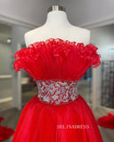 A-line Stapless Elegant Red Long Prom Dresses Ruffles Evening Gowns Formal Dresses TKS003|Selinadress