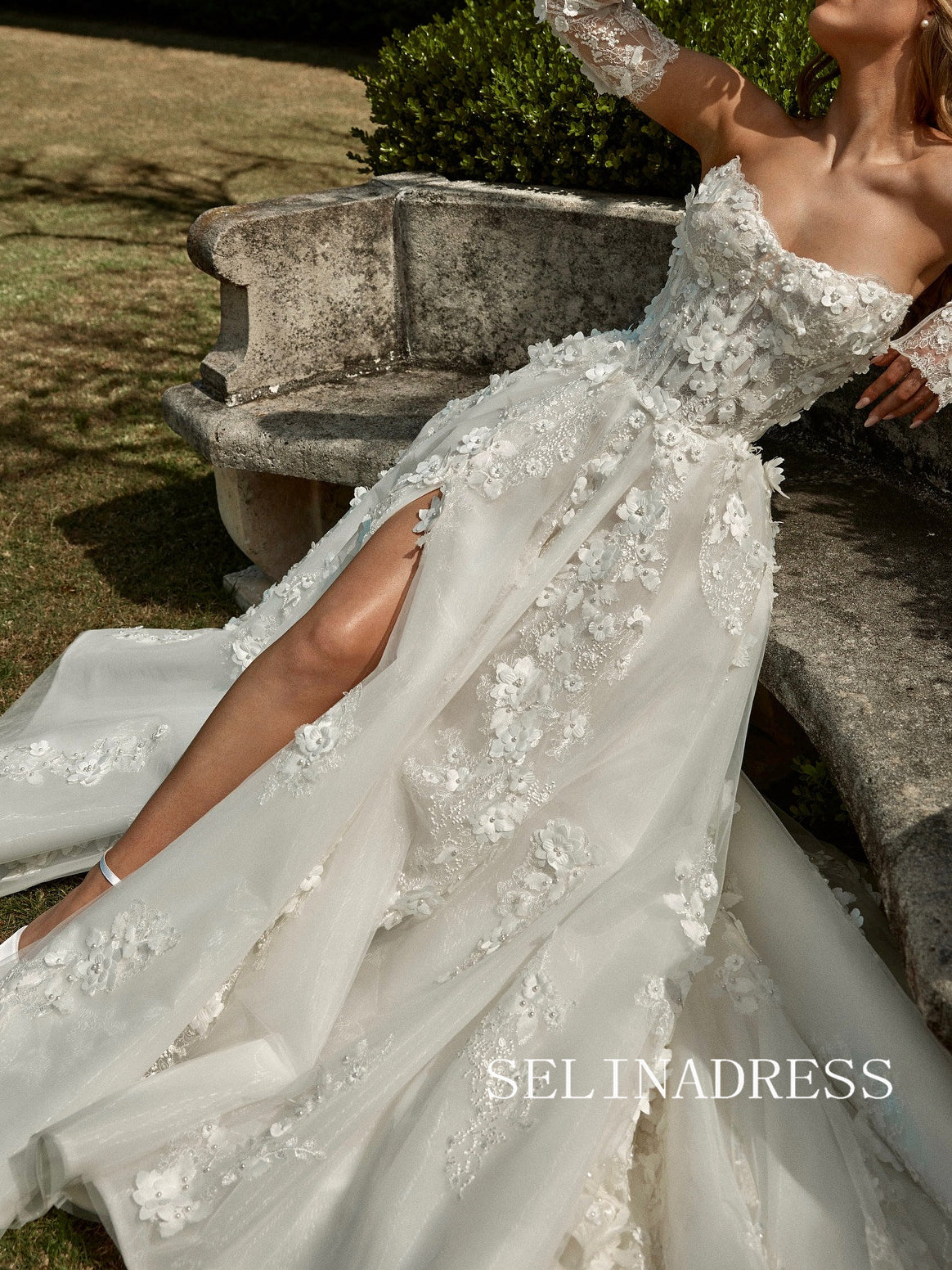 A-line Strapless 3D Lace Detachable Long Sleeve Wedding Dresses SER613 SELINADRESS A-line Strapless 3D Lace Detachable Long Sleeve Wedding Dresses SER613 SELINADRESS
