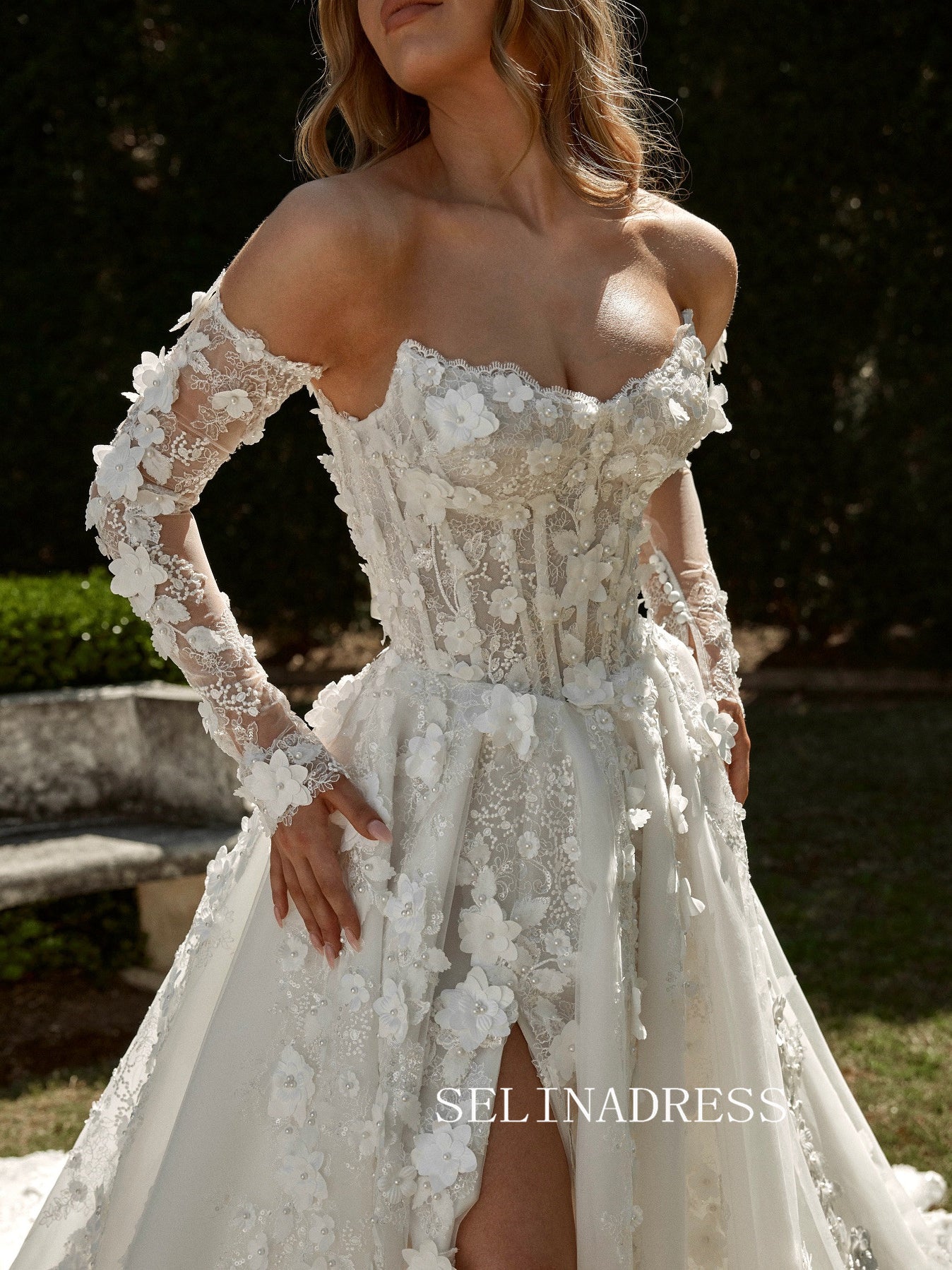 A-line Strapless 3D Lace Detachable Long Sleeve Wedding Dresses SER613 SELINADRESS A-line Strapless 3D Lace Detachable Long Sleeve Wedding Dresses SER613 SELINADRESS