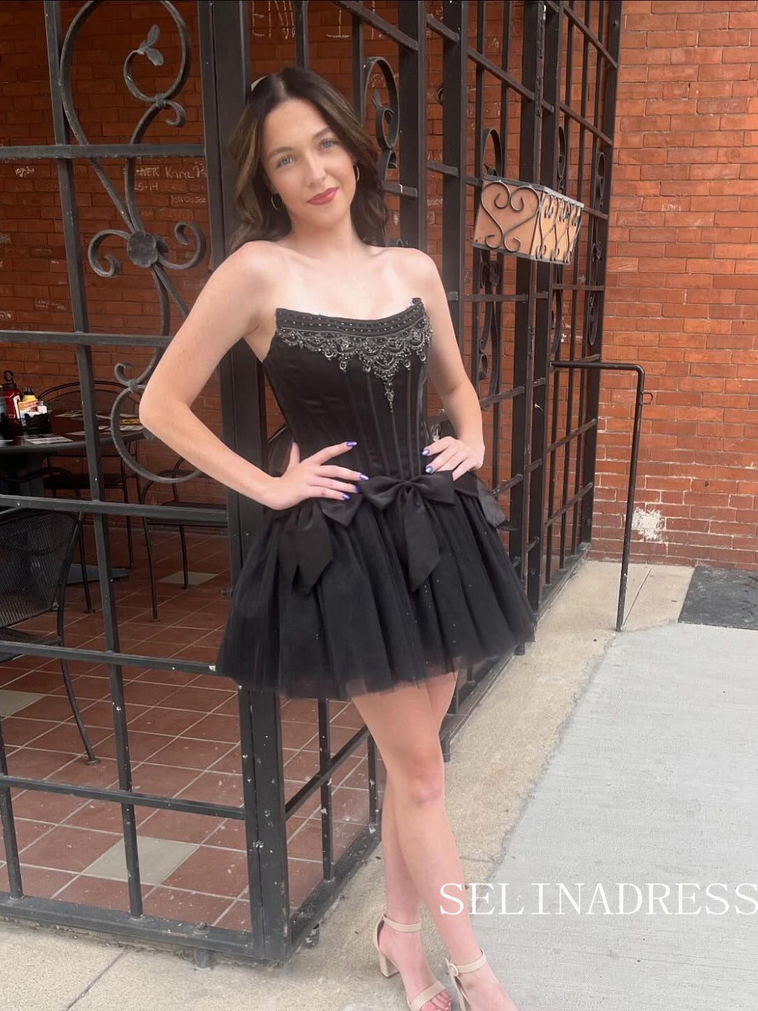 A-line Black Strapless Short Homecoming Dresses Beaded Hoco Dresses #T SELINADRESS A-line Black Strapless Short Homecoming Dresses Beaded Hoco Dresses #T SELINADRESS