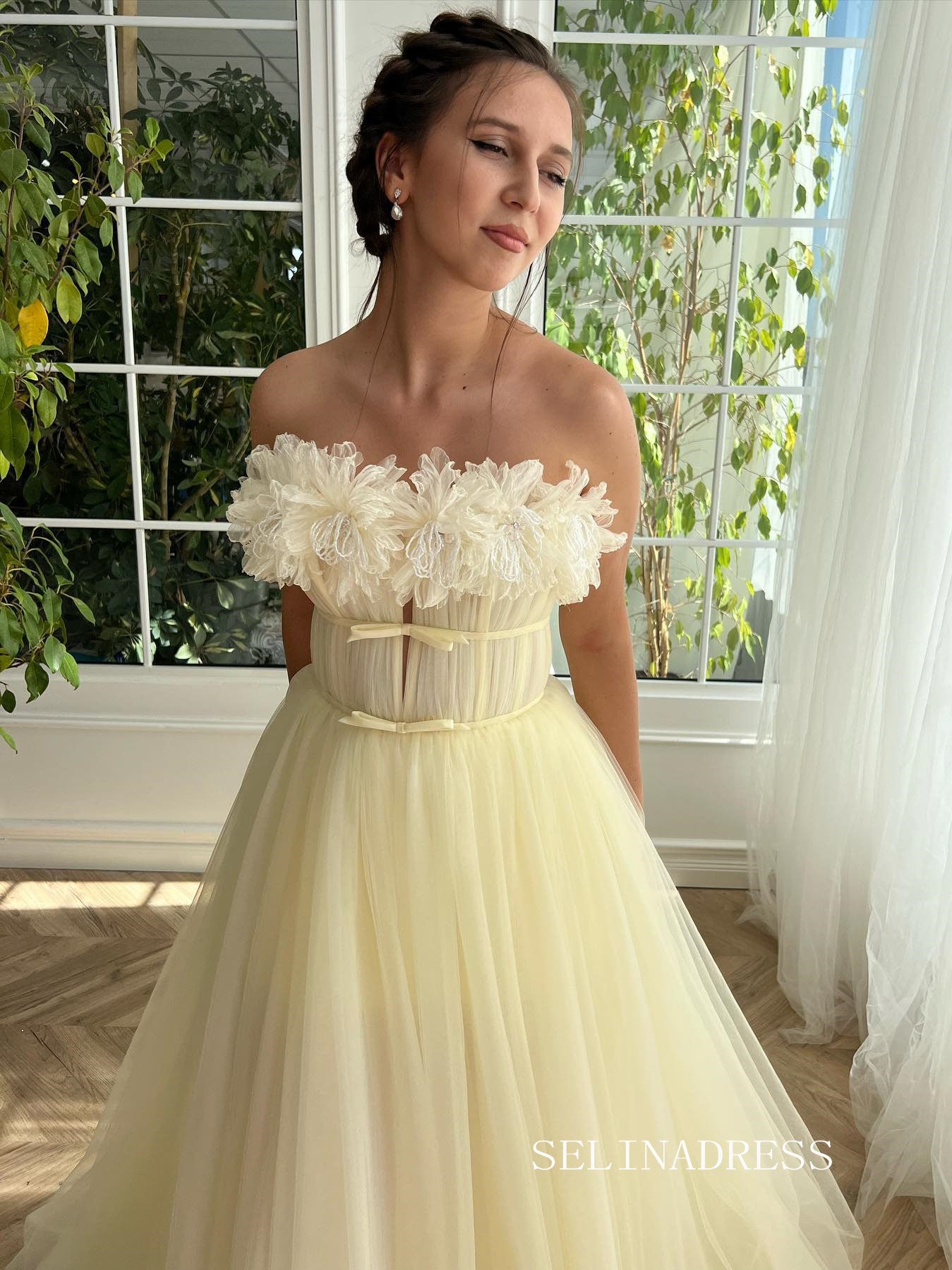 daffodil prom dress A-line Strapless Daffodil Yellow Chiffon Tiered Prom Dresses with Slit ARD3193