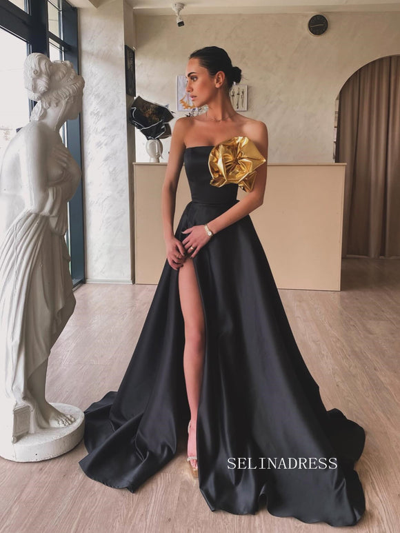 A-line Strapless Black Long Prom Dress With Slit SEW1122|Selinadress