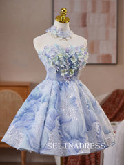 A-line Strapless Blue Homecoming Dress With 3D Floral Pearl Cocktail Dresses #ABC014|Selinadress