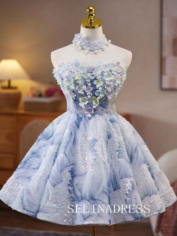 A-line Strapless Blue Homecoming Dress With 3D Floral Pearl Cocktail Dresses #ABC014|Selinadress