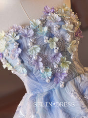 A-line Strapless Blue Homecoming Dress With 3D Floral Pearl Cocktail Dresses #ABC014|Selinadress