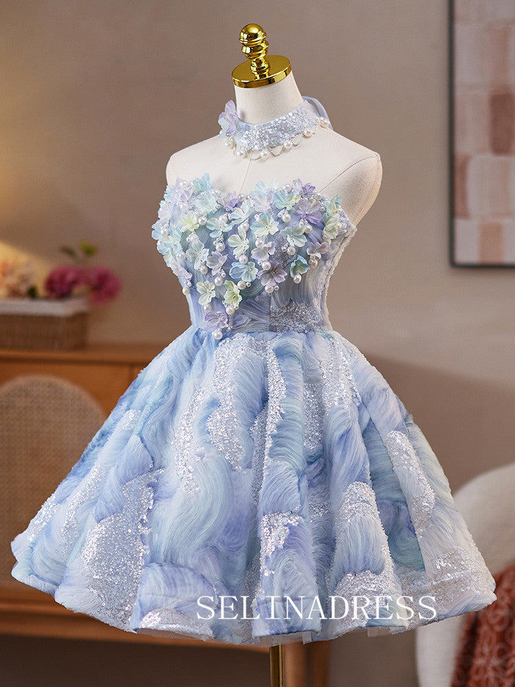 A-line Strapless Blue Homecoming Dress With 3D Floral Pearl Cocktail Dresses #ABC014|Selinadress
