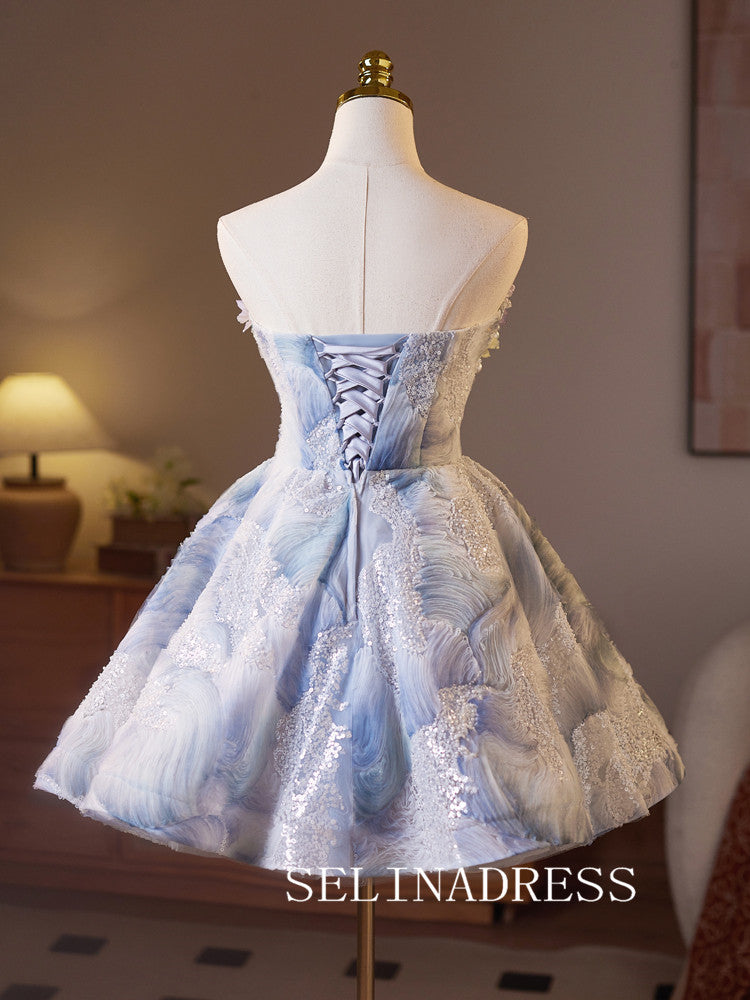 A-line Strapless Blue Homecoming Dress With 3D Floral Pearl Cocktail Dresses #ABC014|Selinadress