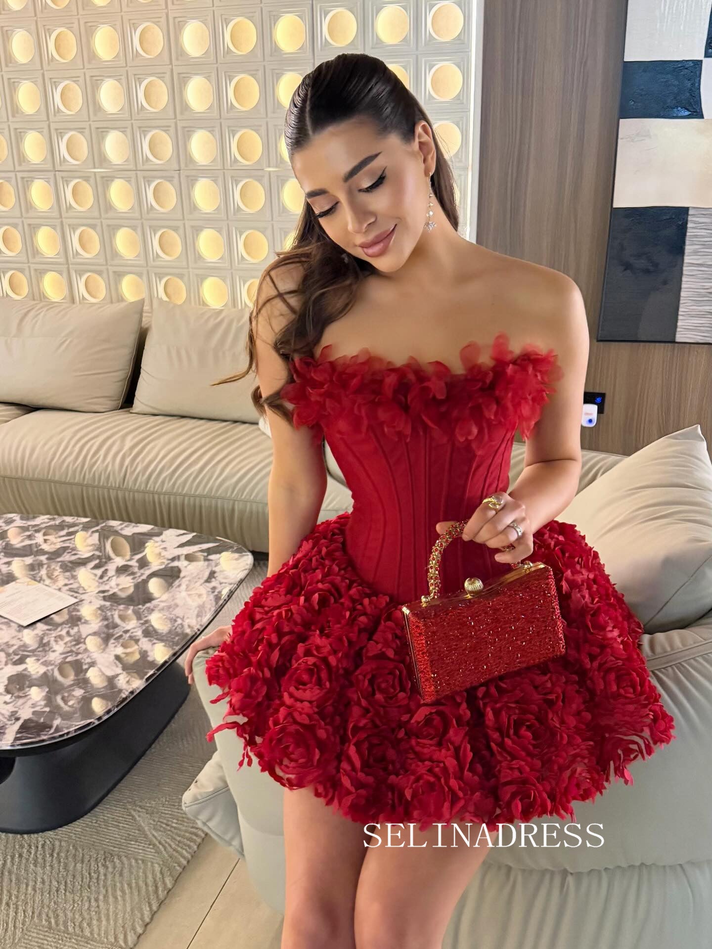 A-line Strapless Burgundy Short Homecoming Dresses With Floral #CBA020|Selinadress