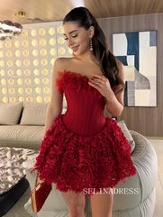 A-line Strapless Burgundy Short Homecoming Dresses With Floral #CBA020|Selinadress