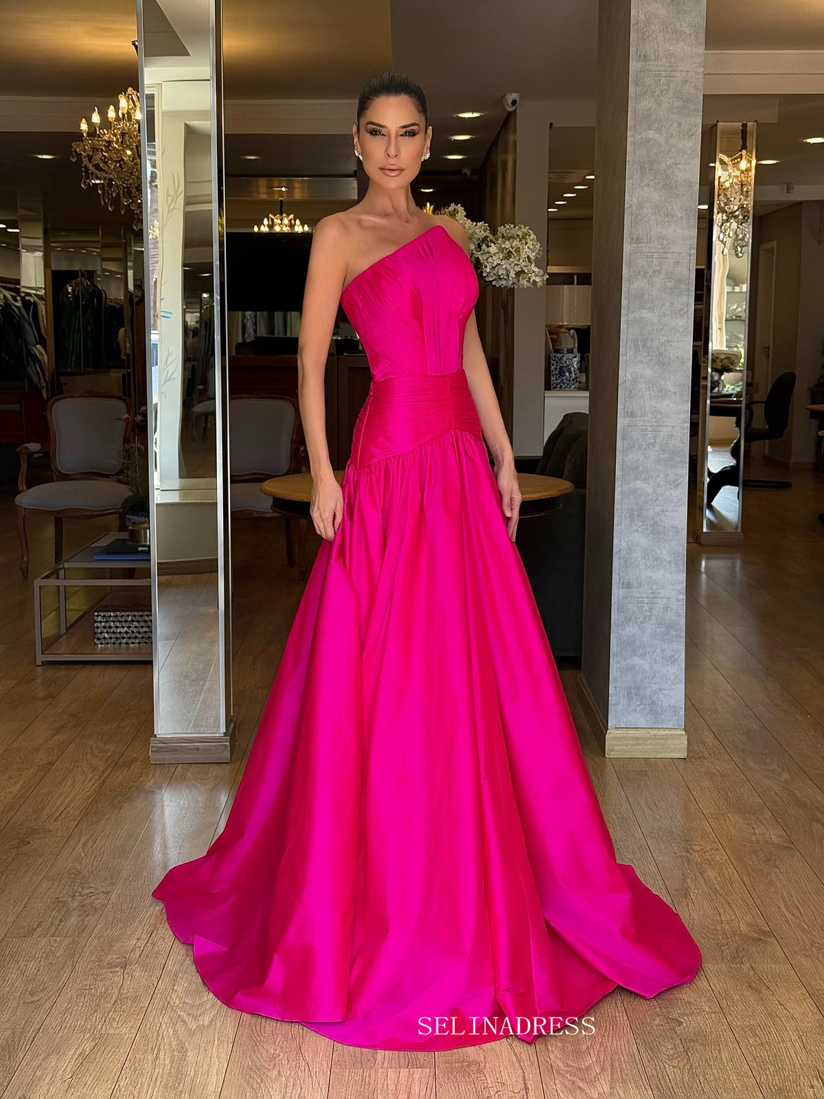 A-line Strapless Fuchsia Long Prom Dress Evening Dress TKL623|Selinadress