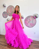 A-Line Strapless Fuchsia Long Prom Dress Tulle Formal Gowns #kop137|Selinadress