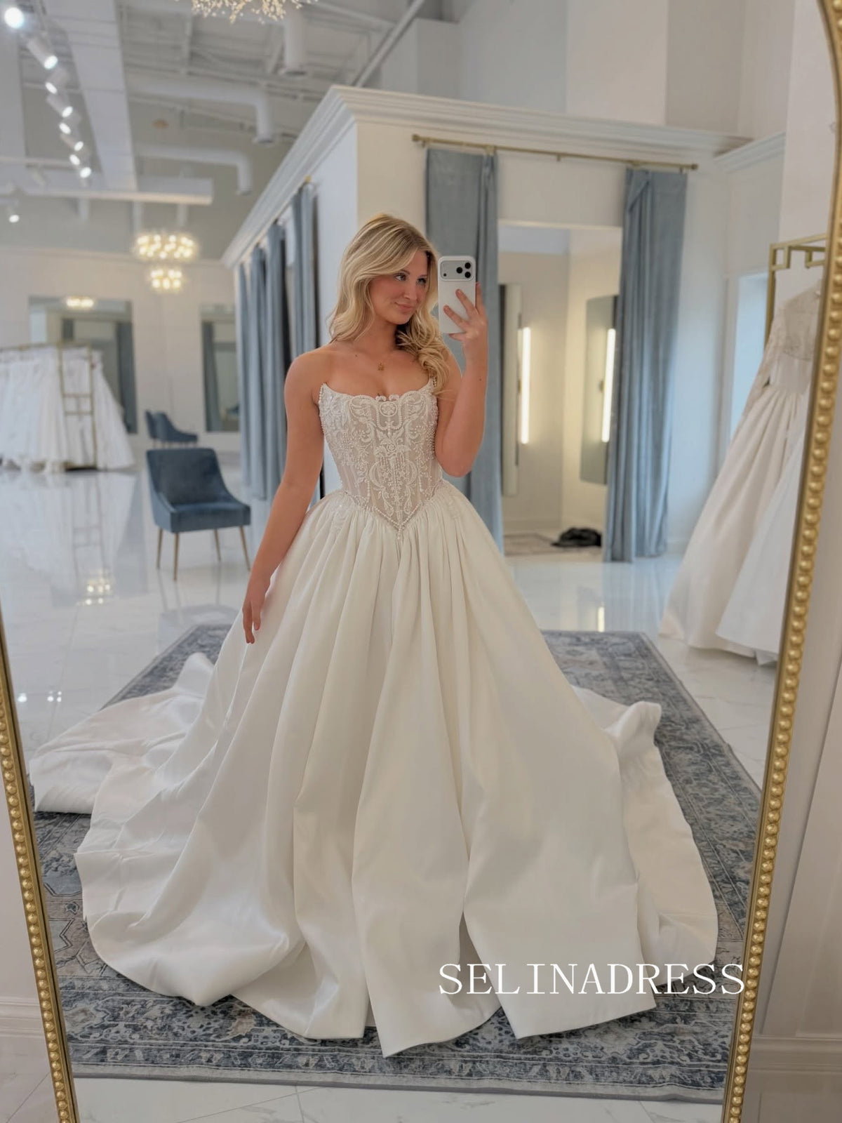 A-line Strapless Lace Wedding Dresses Satin Bridal Gowns CBA006|Selinadress