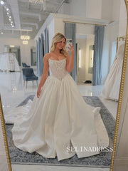 A-line Strapless Lace Wedding Dresses Satin Bridal Gowns CBA006|Selinadress