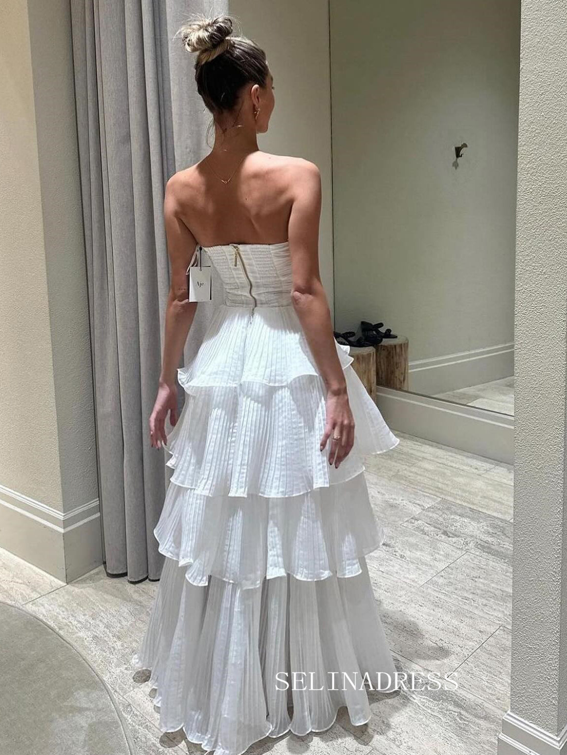 A-line Strapless Multi-layer Evening Dresses Long White Prom Gown sew1 SELINADRESS A-line Strapless Multi-layer Evening Dresses Long White Prom Gown sew1 SELINADRESS