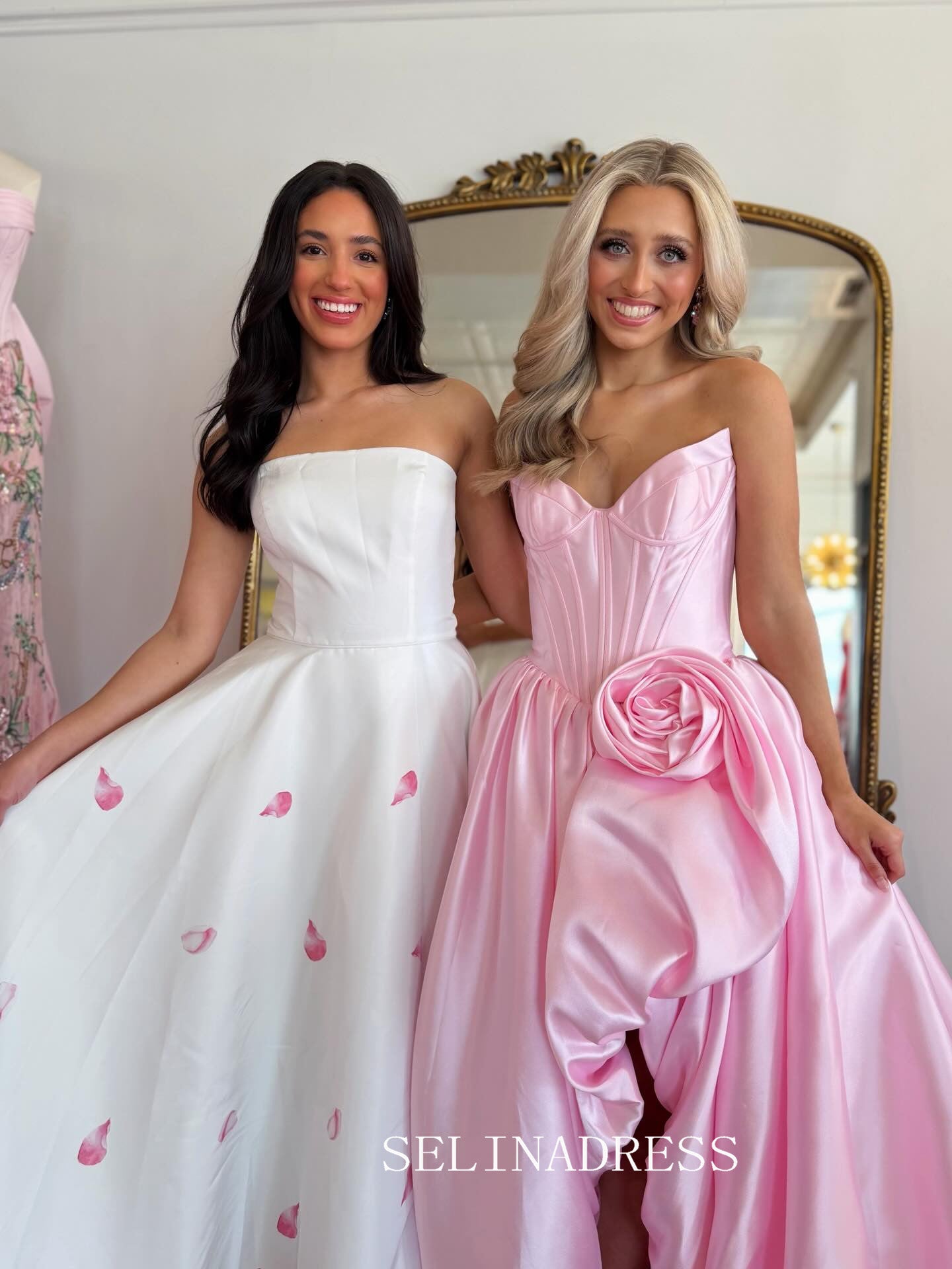 A-line Strapless Pink Prom Dresses With High Slit Elegant Evening Dresses SEA310|Selinadress