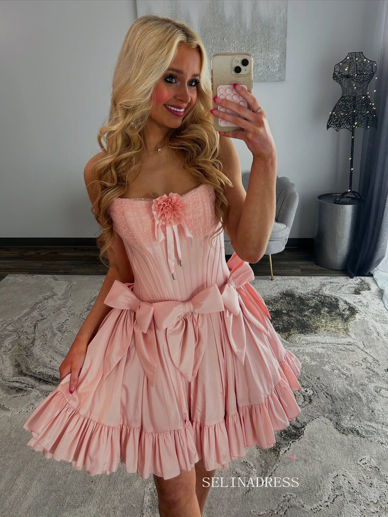 A-line Strapless Pink Short Prom Dress With Bow Homecoming Dress #TKL601|Selinadress