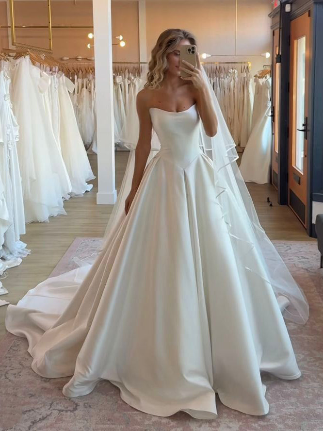 A line Strapless Satin Wedding Dresses Rustic Bridal Gowns CBA028|Selinadress