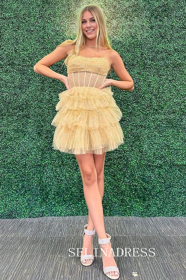 short strapless dresses for prom A-line Strapless Short Prom Dress Multi-layered Homecoming Dresses #se – SELINADRESS