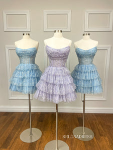 A-line Strapless Short Prom Dress Multi-layered Homecoming Dresses #sea077|Selinadress
