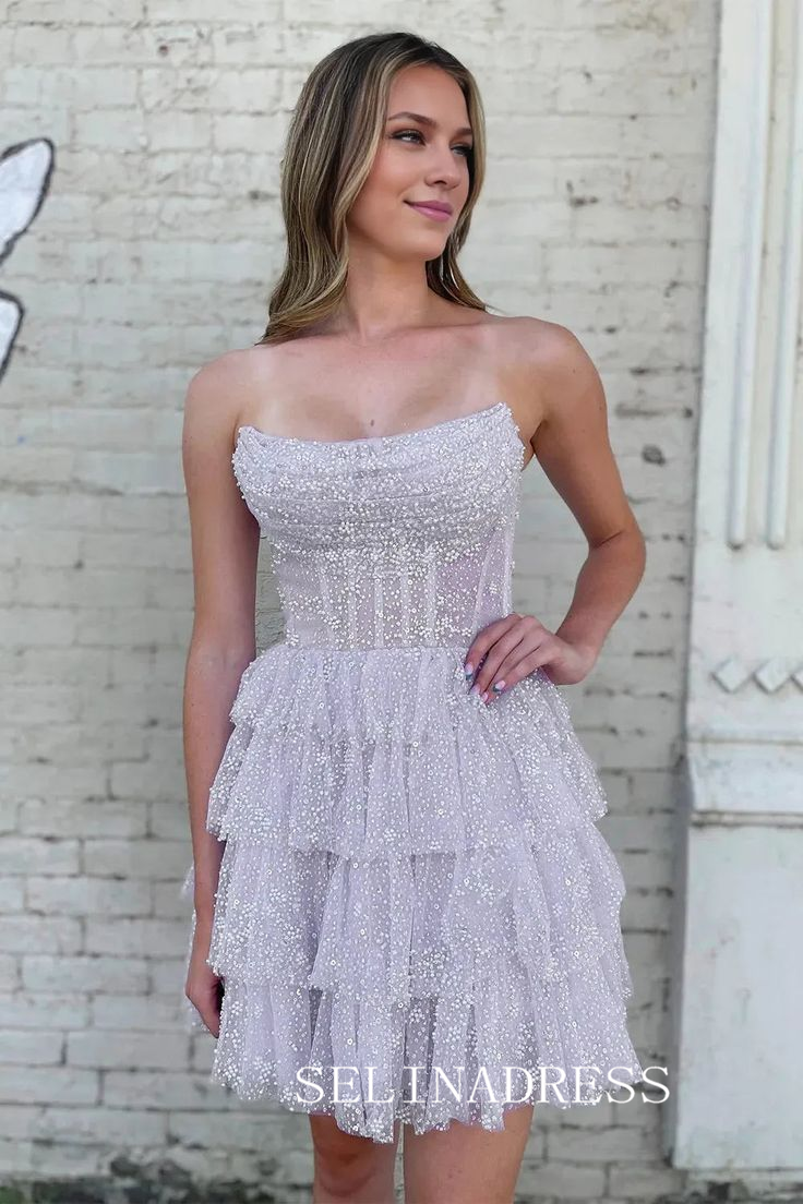 short strapless homecoming dresses A-line Strapless Short Prom Dress Multi-layered Homecoming Dresses #se – SELINADRESS