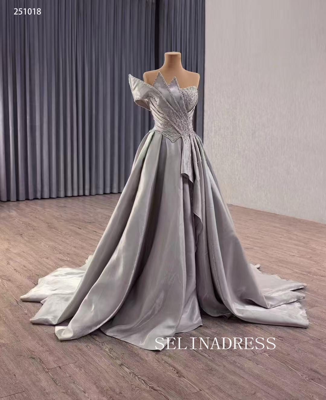A-line Strapless Silver Long Prom Dress Beaded Evening Dress 251018 SELINADRESS A-line Strapless Silver Long Prom Dress Beaded Evening Dress 251018 SELINADRESS