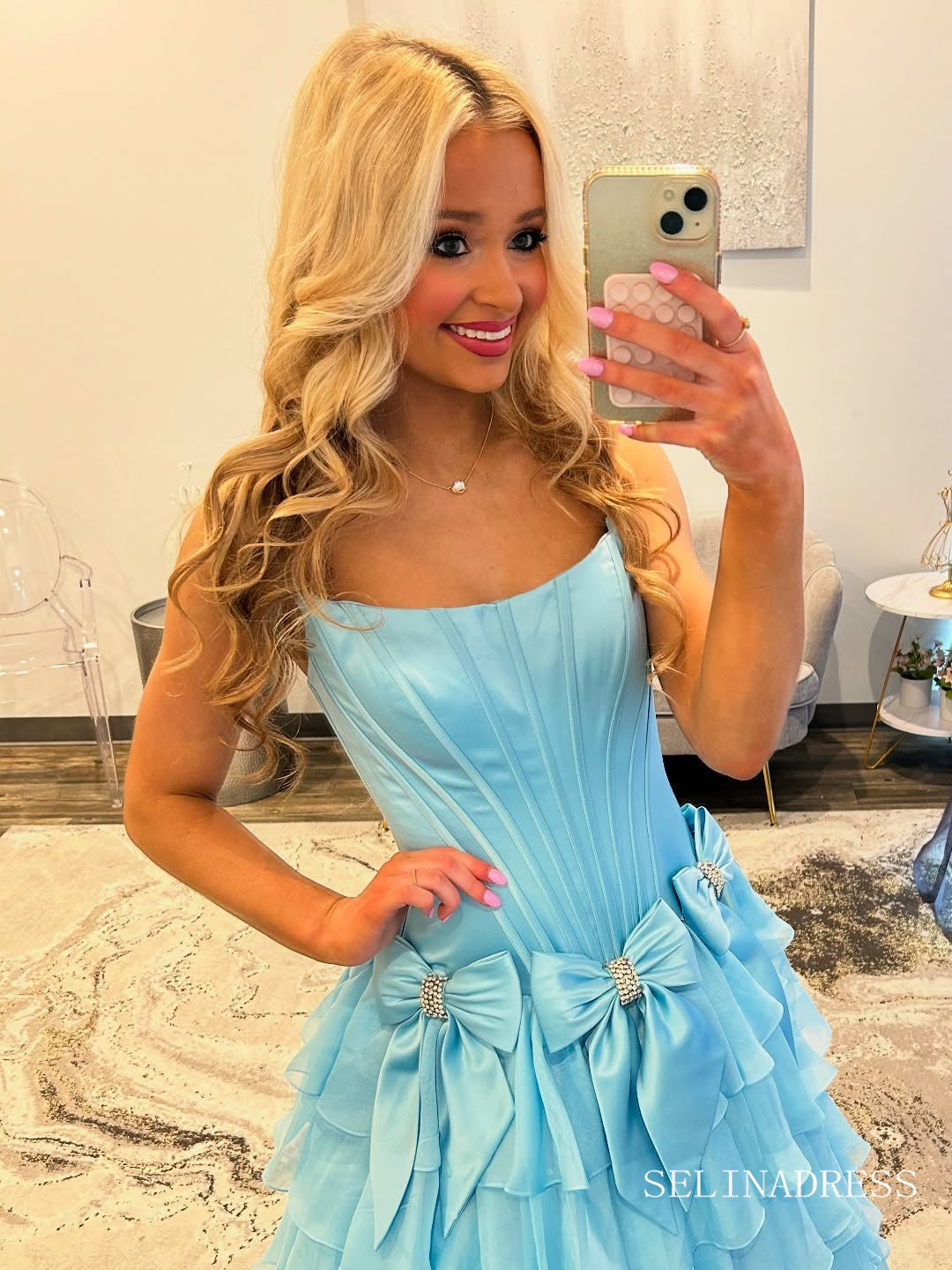 A-line Strapless Tiered Long Prom Dress Evening Dress With Split TKL600|Selinadress