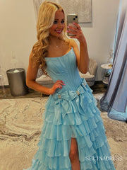 A-line Strapless Tiered Long Prom Dress Evening Dress With Split TKL600|Selinadress