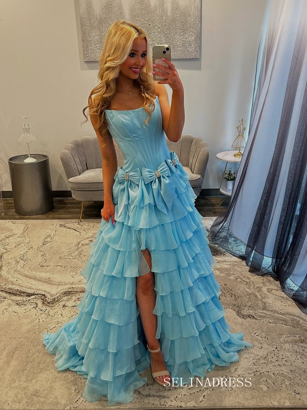 A-line Strapless Tiered Long Prom Dress Evening Dress With Split TKL600|Selinadress