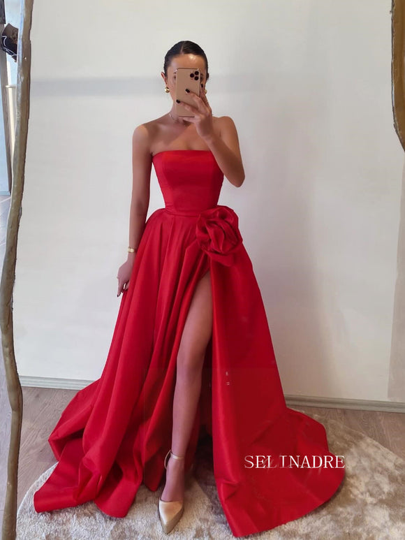 A-line Strapless V neck Red Long Prom Dress With Slit SEW1123|Selinadress