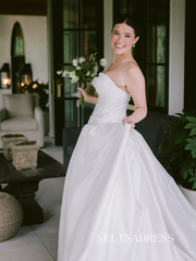 A-line Strapless Wedding Dress Rustic White Satin Wedding Gowns SEA002|Selinadress