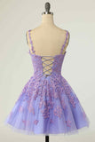 A-line Straps Beautiful Lace Short Prom Dress Lavender Homecoming Dress kts073|Selinadress