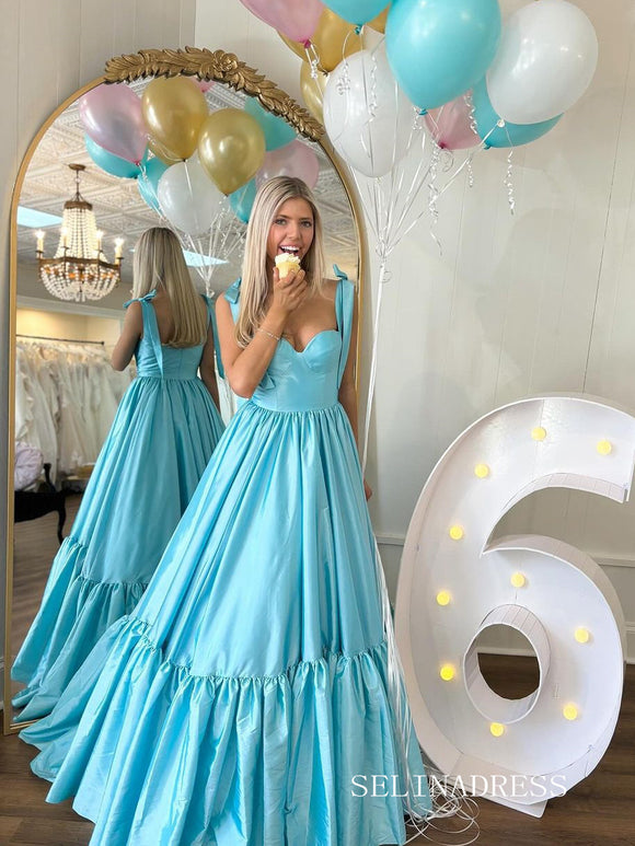 A-line Straps Blue Satin Long Prom Dress Evening Dress lpk928|Selinadress