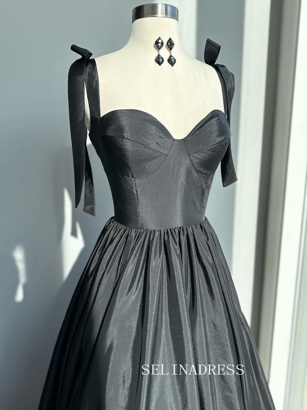 Blue Satin Long A-Line Prom Dress, Beautiful Spaghetti Straps Evening Dress main image 1