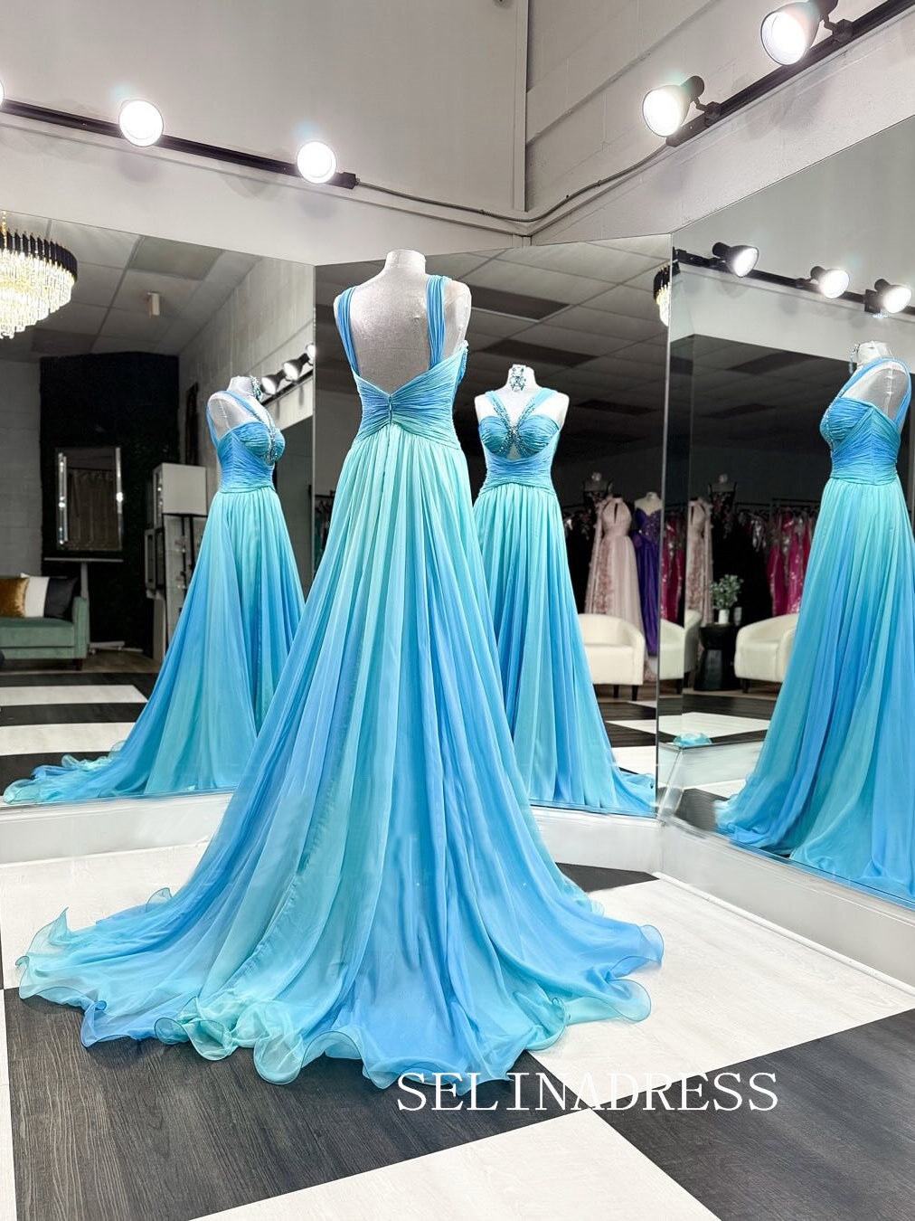 A-line Straps Chiffon Blue Ombre Prom Dress Beaded Evening Dresses SED SELINADRESS A-line Straps Chiffon Blue Ombre Prom Dress Beaded Evening Dresses SED SELINADRESS