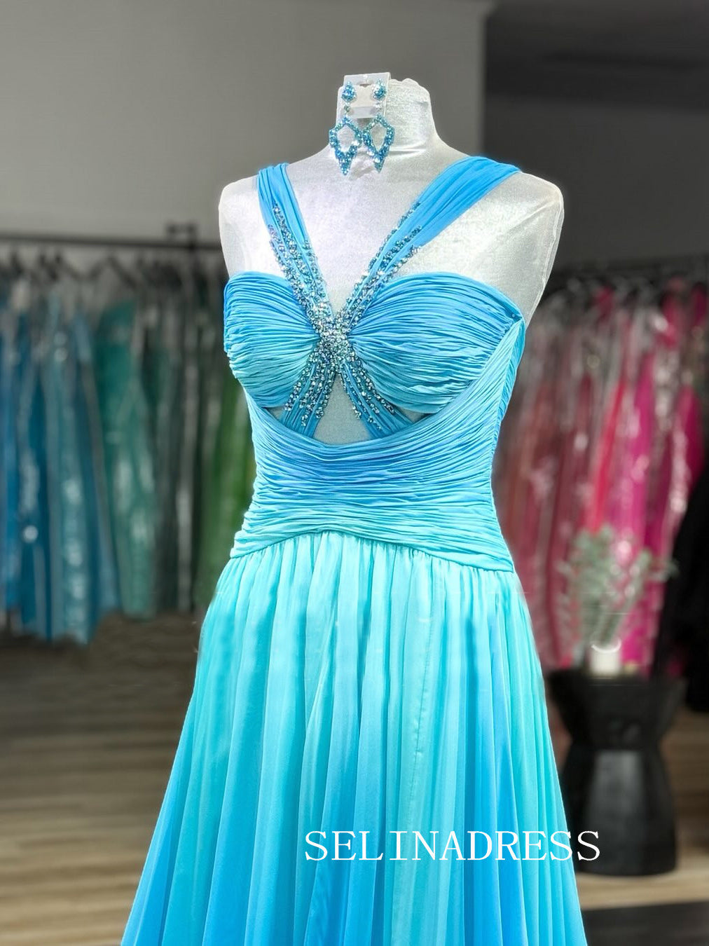 A-line Straps Chiffon Blue Ombre Prom Dress Beaded Evening Dresses SED SELINADRESS A-line Straps Chiffon Blue Ombre Prom Dress Beaded Evening Dresses SED SELINADRESS