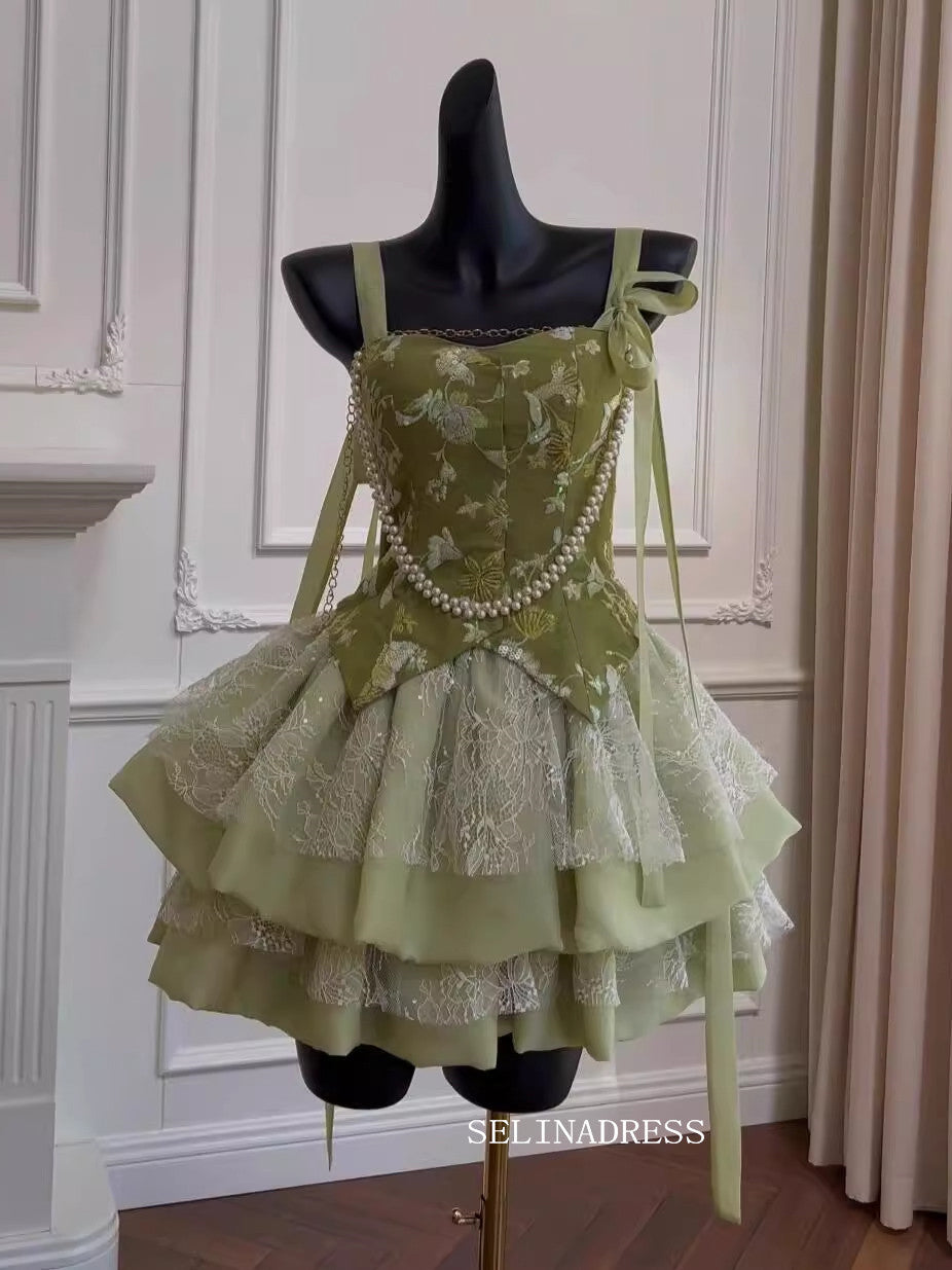 A-line Straps Cute Green Short Prom Dress Layered Lace Homecoming Dres SELINADRESS A-line Straps Cute Green Short Prom Dress Layered Lace Homecoming Dres SELINADRESS