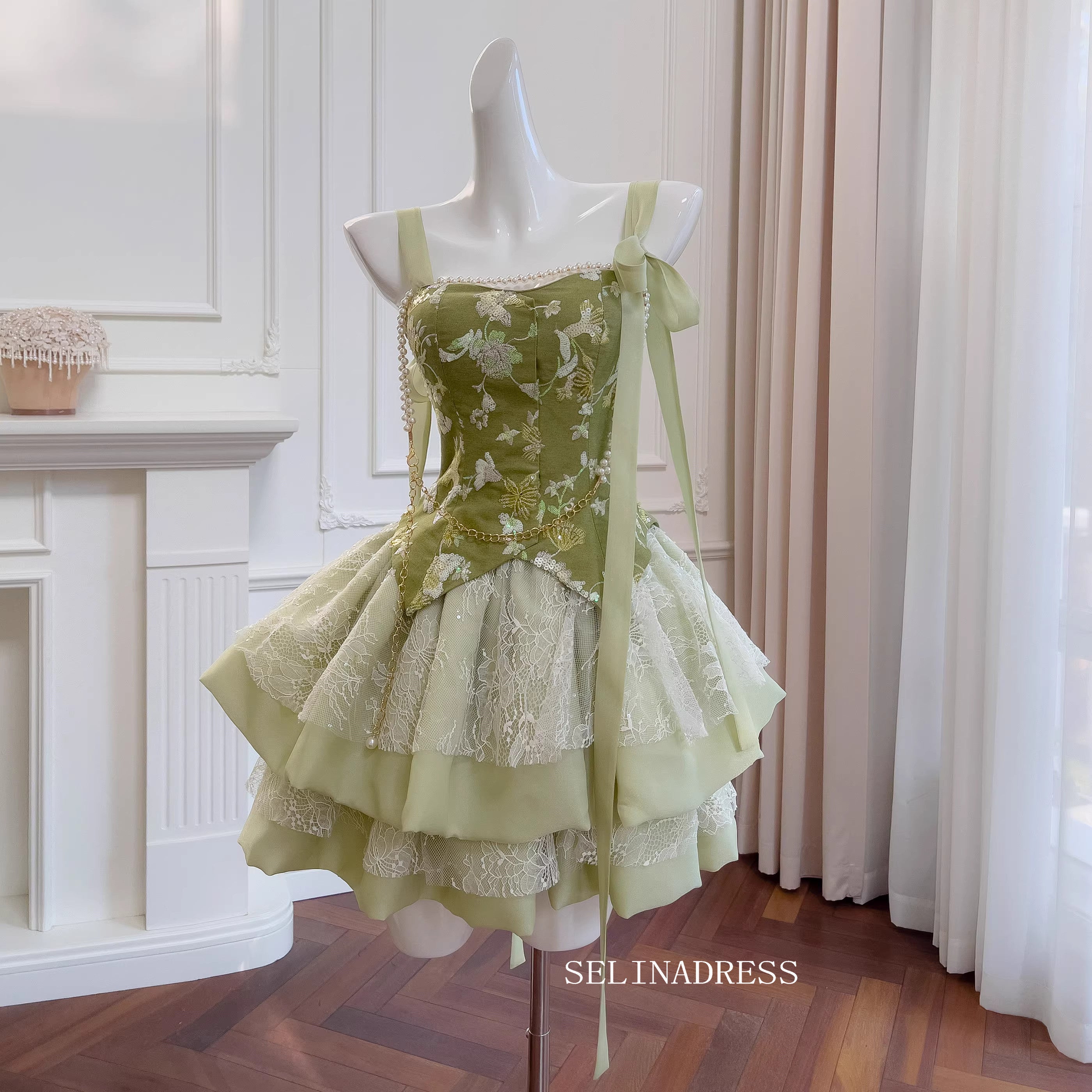 A-line Straps Cute Green Short Prom Dress Layered Lace Homecoming Dres SELINADRESS A-line Straps Cute Green Short Prom Dress Layered Lace Homecoming Dres SELINADRESS