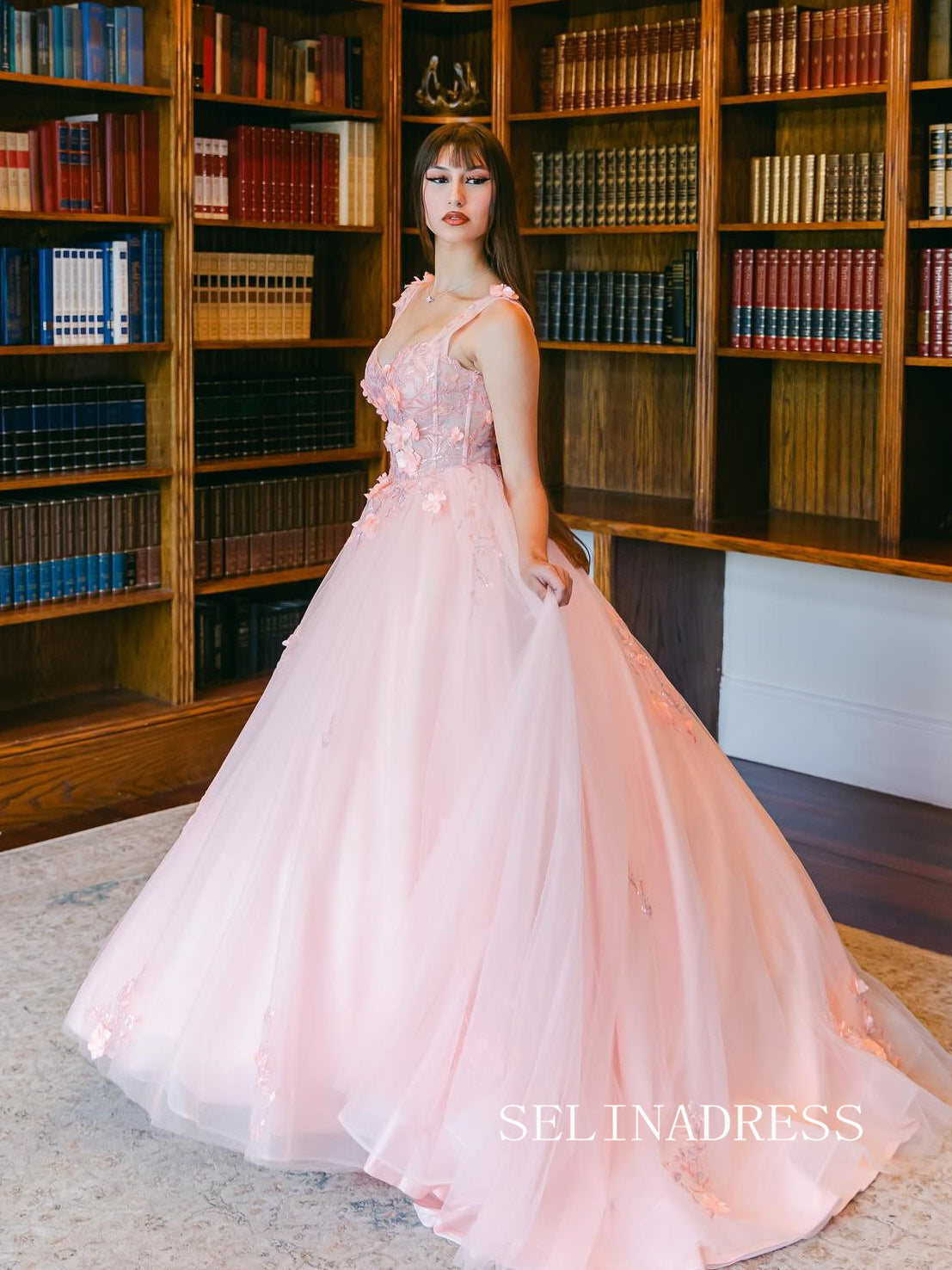 A-line Straps Pink Floral Tulle Long Prom Dress Cheap Formal Dress SQW SELINADRESS A-line Straps Pink Floral Tulle Long Prom Dress Cheap Formal Dress SQW SELINADRESS