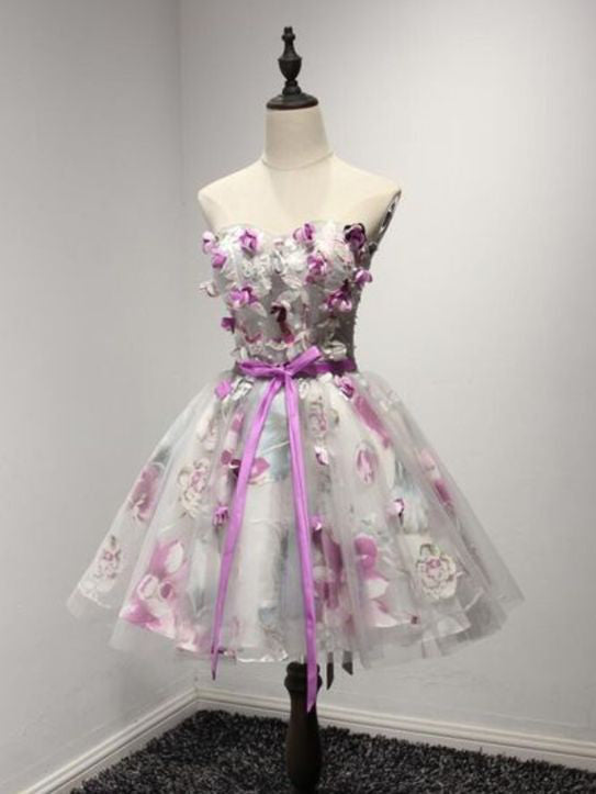 A-line Sweetheart 3D Floral Short Prom Dress Lilac Homecoming Dress kts080|Selinadress