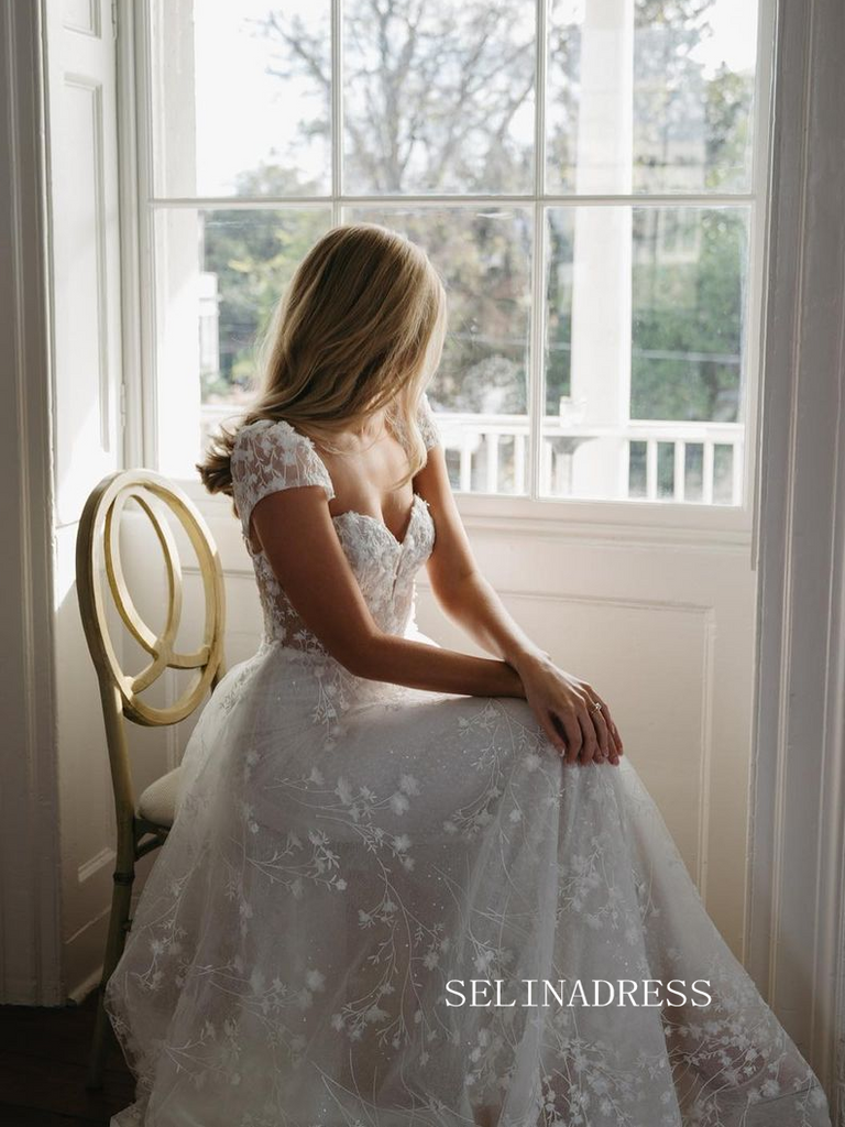 A-line Sweetheart Applique Lace Wedding Dresses Short Sleeve Rustic Wedding  Gowns kop132