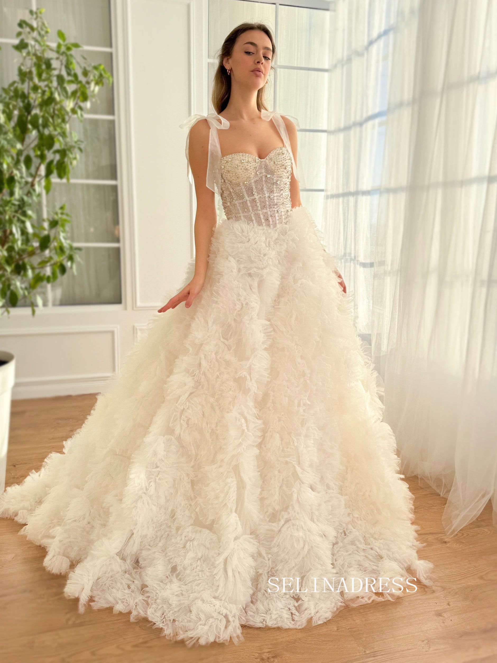 simple lace prom dresses A-line Off the Sholder Glitter Tulle Ball Gowns Lace Long Prom Dresses –  SELINADRESS main image 1