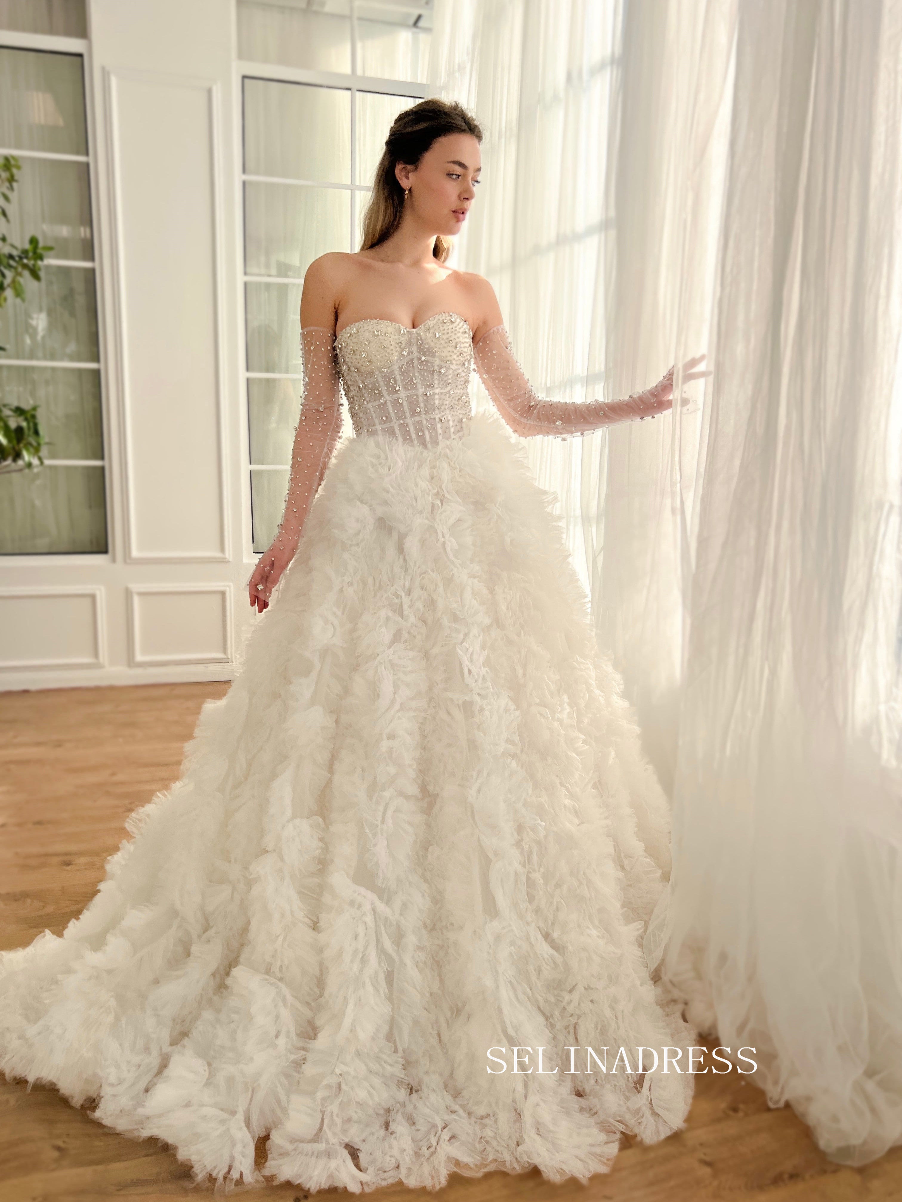 A-line Sweetheart Beaded Lace White Bridal Gowns Elegant Strapless Wed SELINADRESS A-line Sweetheart Beaded Lace White Bridal Gowns Elegant Strapless Wed SELINADRESS